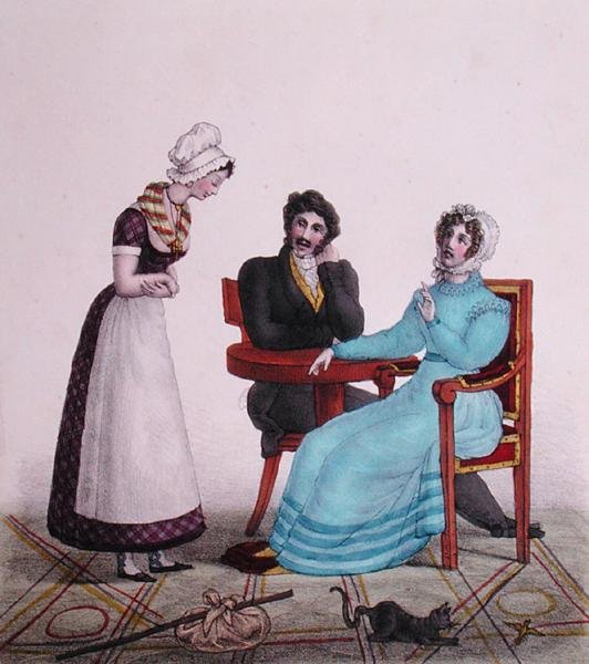 „A hlavně buď dobrý!“, karikatura páru, který mluví se svou služebnou, než odejde, kolem 1820-30 (barva litho) od Henri Villain