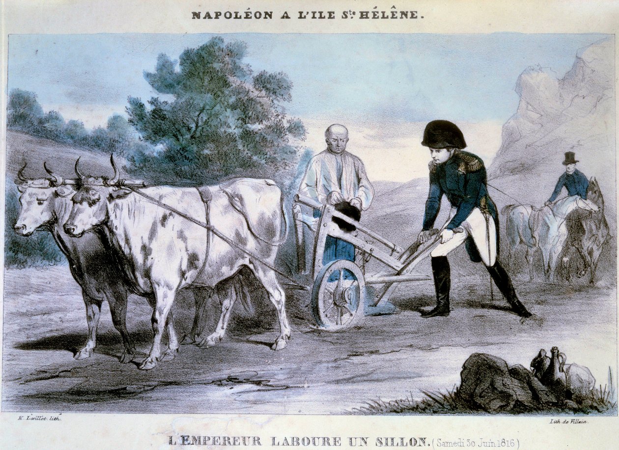 Napoleon I. (1769-1821) a Svatá Helena: Císař orá brázdu (30. 6. 1816) Litografie padoucha. 1816 Ile d