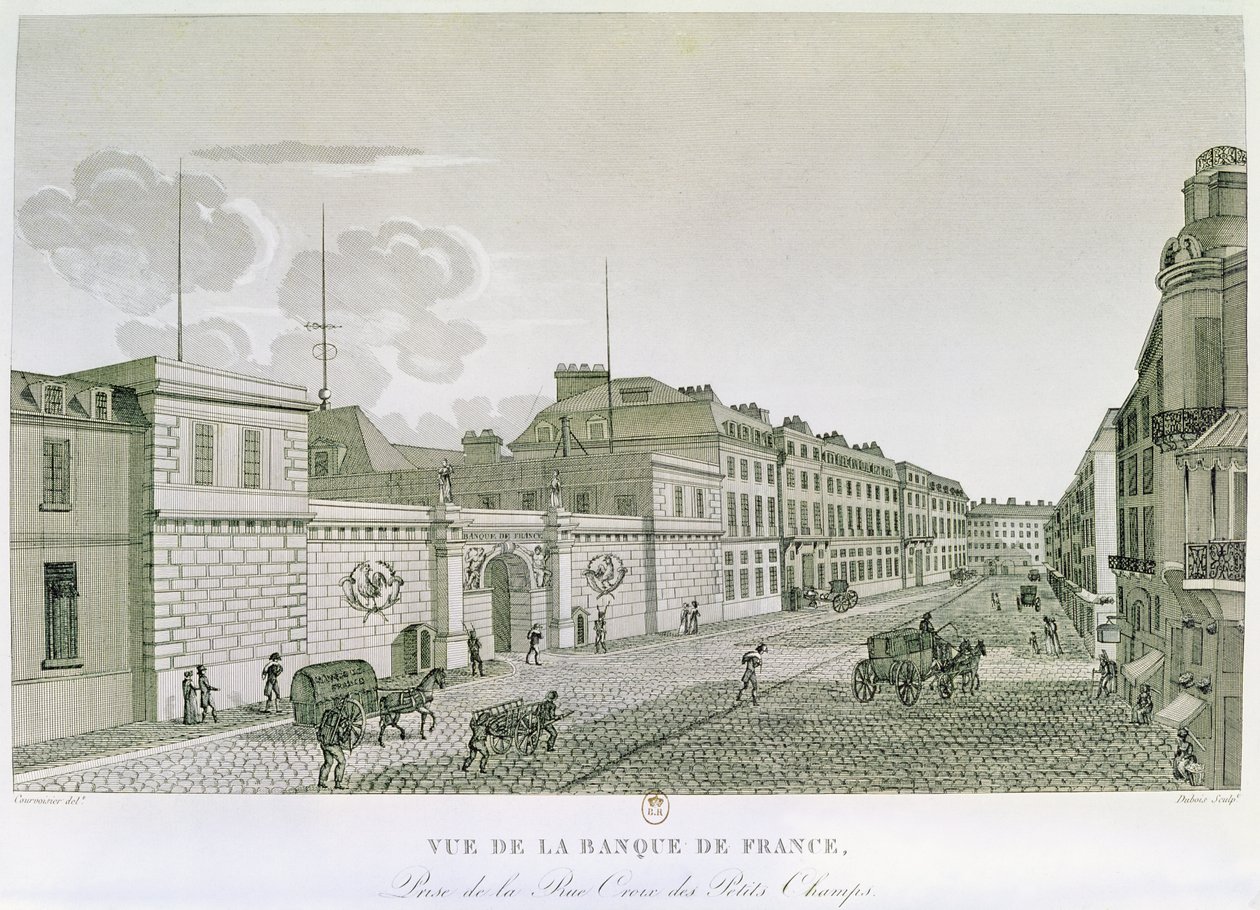 Bank of France z Rue Croix-Petits-Champs, vyryla Eugene Dubois, 1800 od Henri after Courvoisier Voisin