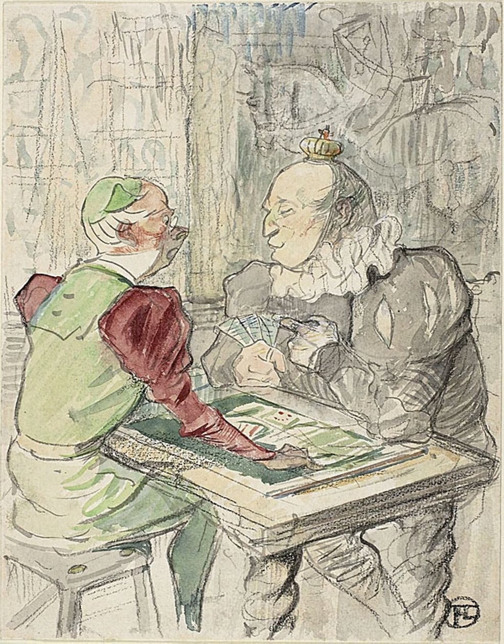 Královská karetní hra, kopie, po roce 1895 (akvarel a pastelka na papíře) od Henri de (after) Toulouse Lautrec
