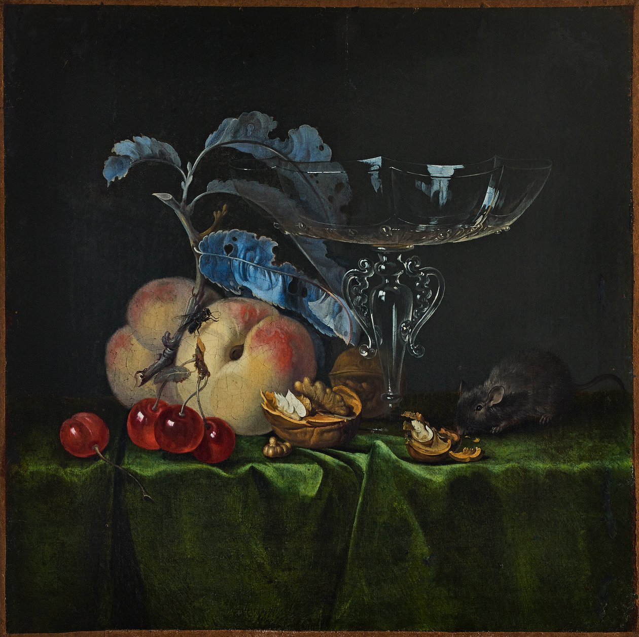 Zátiší s broskvemi, vlašskými ořechy, myší a benátskou sklenicí na víno, 1661. od Henri de Fromantiou