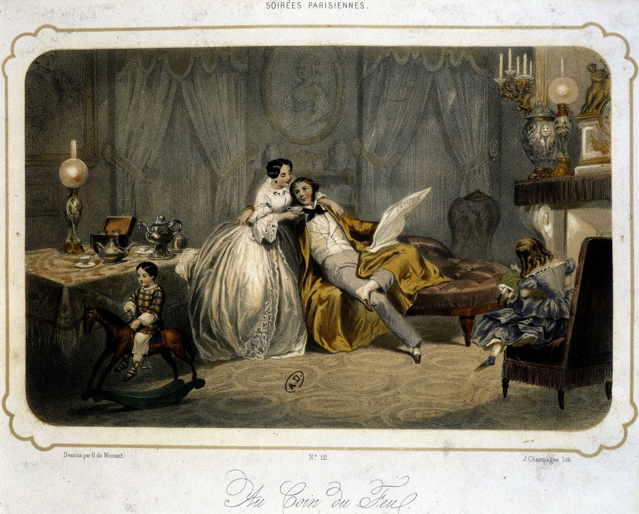 Buržoazní rodina odpočívá v obývacím pokoji - litografie, v.1820. od Henri de Montaut