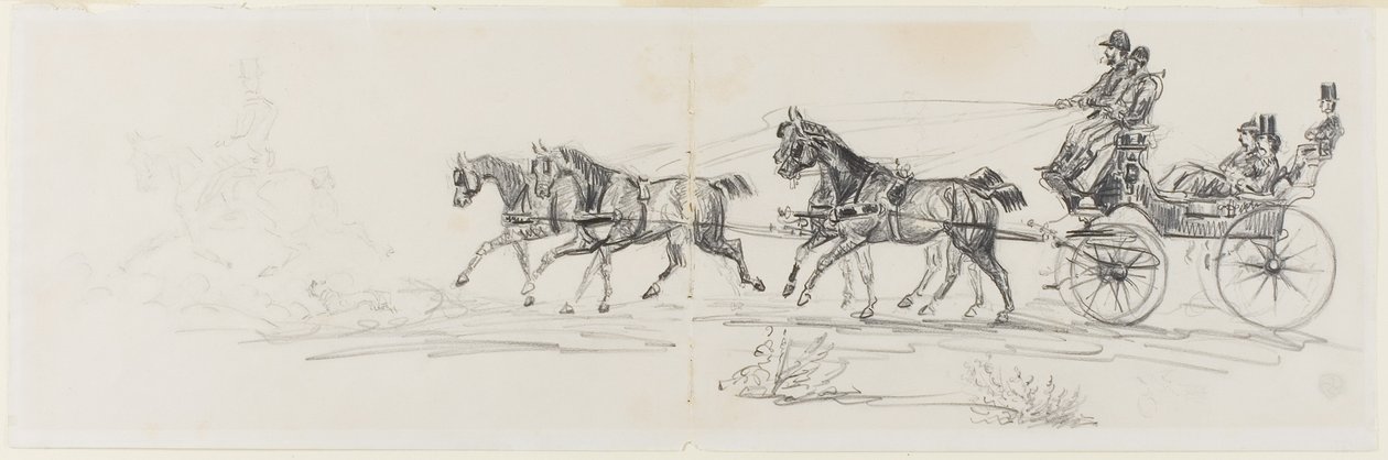 Koňský povoz Předchází jediný jezdec (recto); Muž na koni s dekou a náčrtky hlav, koní a vítězného oblouku (verze) od Henri de Toulouse-Lautrec