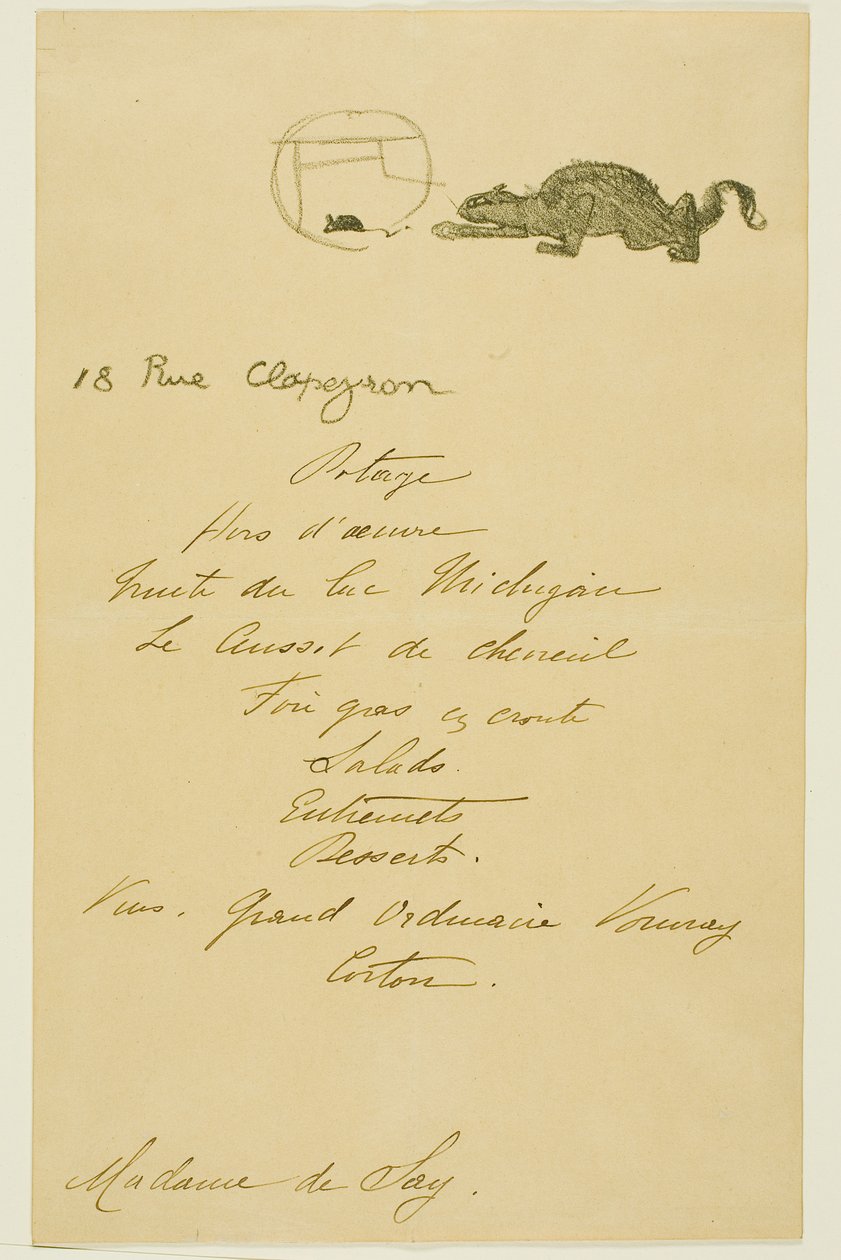 Menu pro večeři pořádanou May Belfortovou od Henri de Toulouse-Lautrec