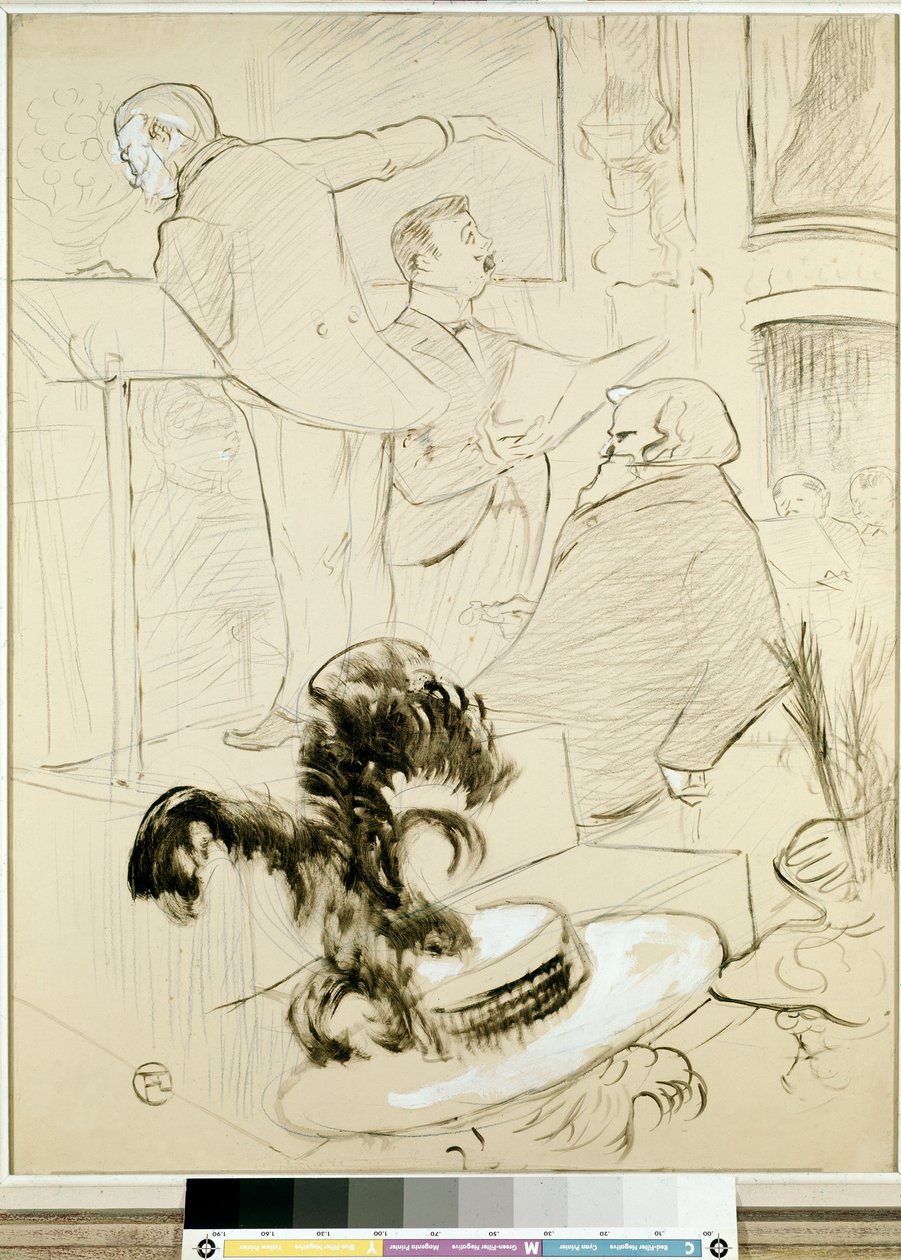 Velké koncerty opery: Ambroise Thomas byl svědkem zkoušky Francesca da Rimini, kolem roku 1896 (čínský inkoust se štětcem, tužka, bílý kvaš a uhle na papíře, od Henri de Toulouse Lautrec