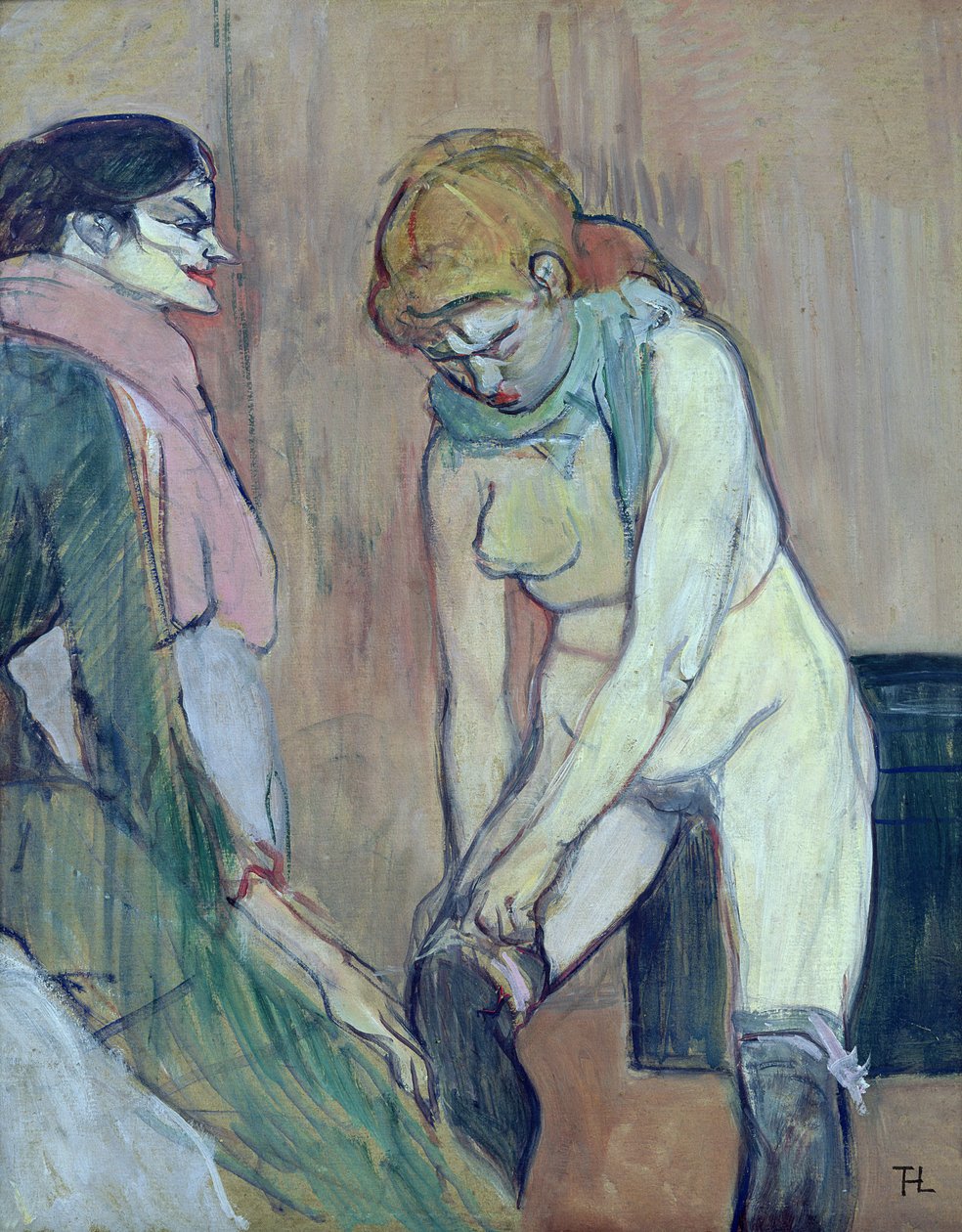 Žena, která si obléká punčochu, nebo Žena z domu, kolem roku 1894 (olej na kartě) od Henri de Toulouse Lautrec