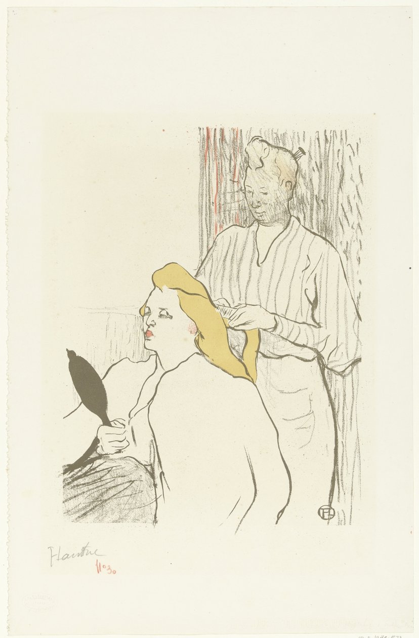 Kadeřník češe vlasy sedící ženy se zrcadlem v ruce Le coiffeur Program du Théâtre Libre od Henri de Toulouse Lautrec (signed by artist)