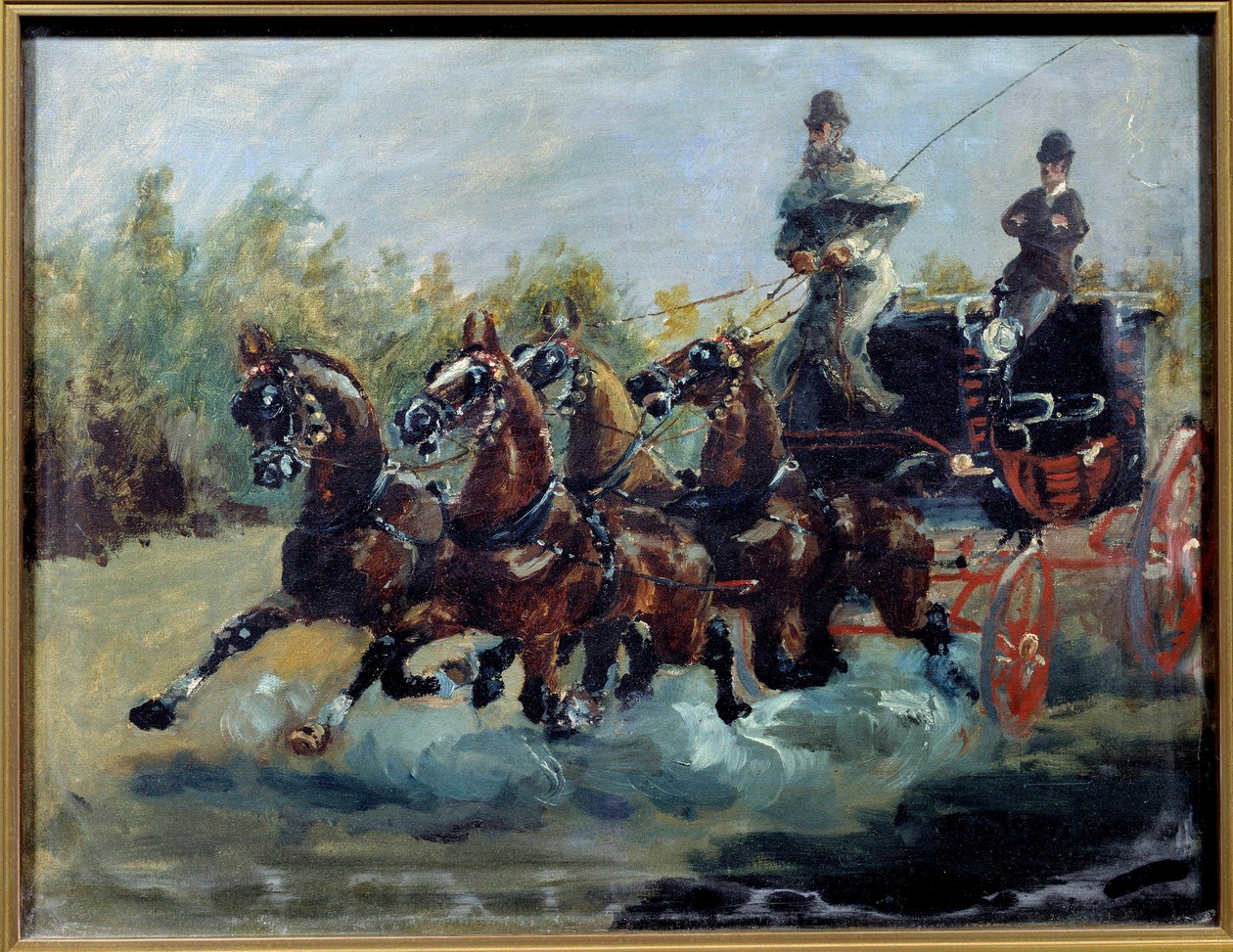 Alphonse z Toulouse Lautrec řídí svůj e-mailový trenér. Poštovní vůz je sedan se čtyřmi koňmi, s několika řadami sedadel v horní části vozu). Obraz Henri de Toulouse Lautreca od Henri de Toulouse Lautrec