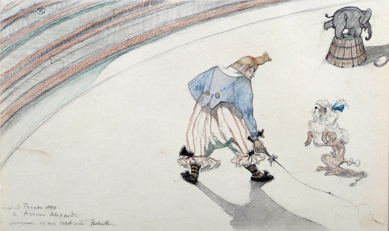 Cirkusová scéna: drezura. Klaun se psem vědcem a akrobatickým slonem. Kresba Henri de Toulouse Lautreca (1864-1901) Albi z 19. století, Musee de Toulouse Lautrec od Henri de Toulouse Lautrec