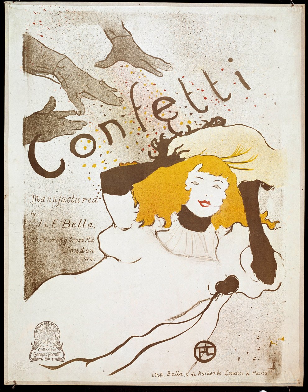 Konfety: ruce házejí konfety zápěstí na ženu se žlutými vlasy. Plakát Henri de Toulouse-Lautrec (1864-1901). Ztlumit. 0,54 x 0,39. 1893. Albi, Musee Toulouse Lautrec od Henri de Toulouse Lautrec