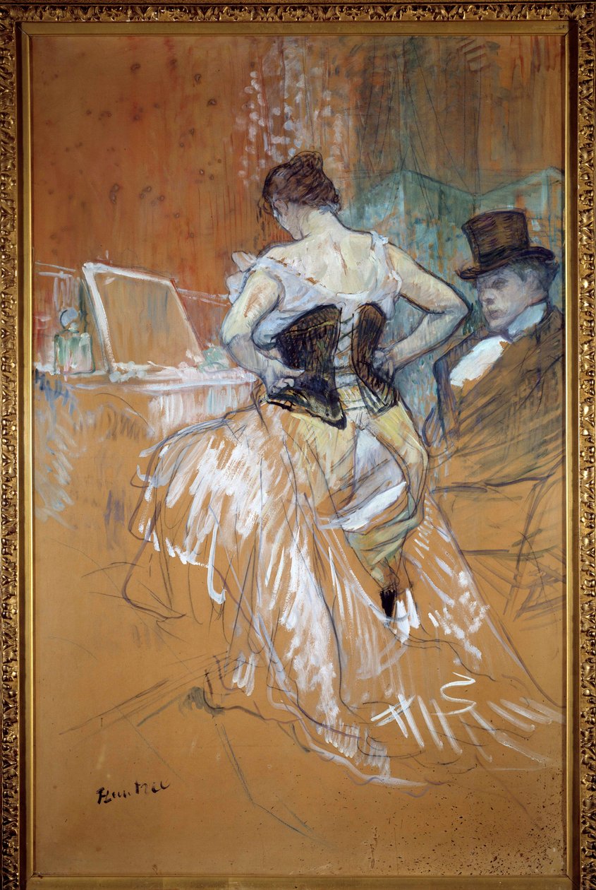 Conquete v tranzitu, žena v korzetu Prostituee se obléká před svým klientem v nevěstinci. Pastel a kresba Henri de Toulouse Lautreca (Toulouse-Lautrec od Henri de Toulouse Lautrec