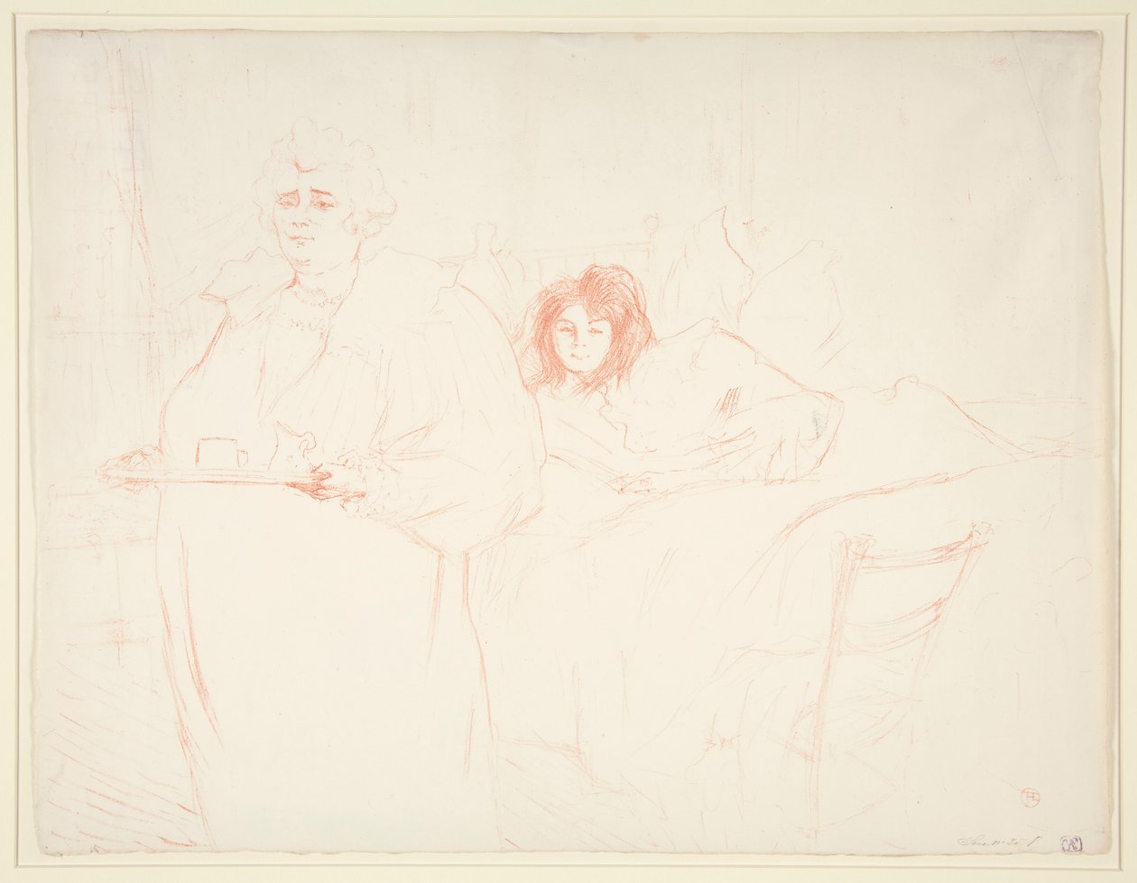 Žena s podnosem, Snídaně, Madame Baron a Mademoiselle Popo (Žena s podnosem, Snídaně, Madame Baron a Mademoiselle Popo), ze série Elles od Henri de Toulouse Lautrec