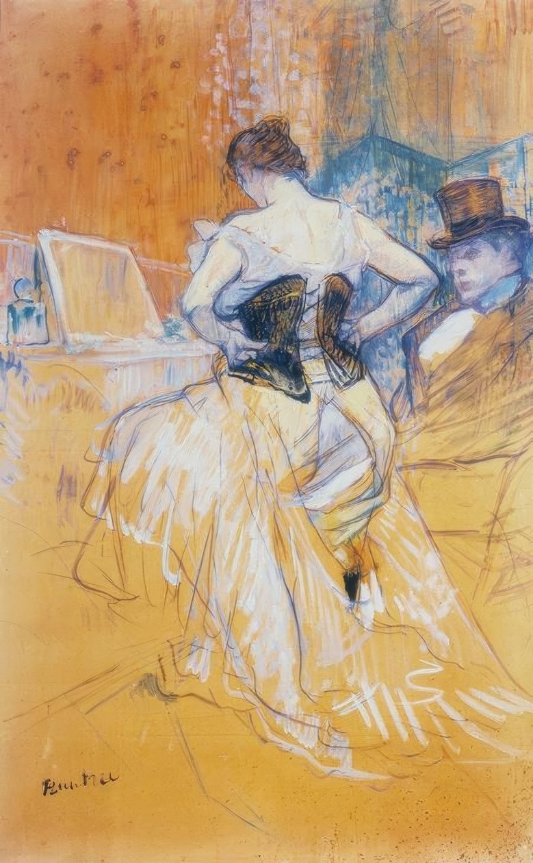 Žena si nasazuje korzet a prochází dobytí od Henri de Toulouse Lautrec