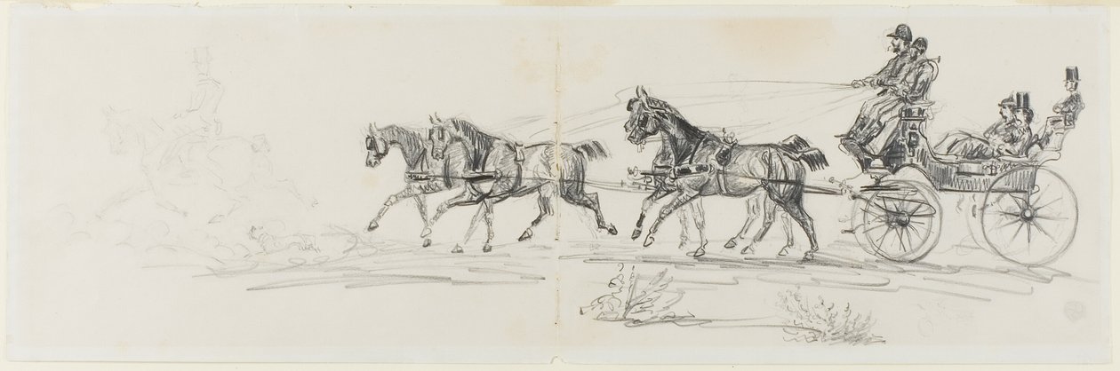 Koňský povoz Předchází jediný jezdec (recto); Muž na koni s dekou a náčrtky hlav, koní a vítězného oblouku (verze) od Henri de Toulouse Lautrec
