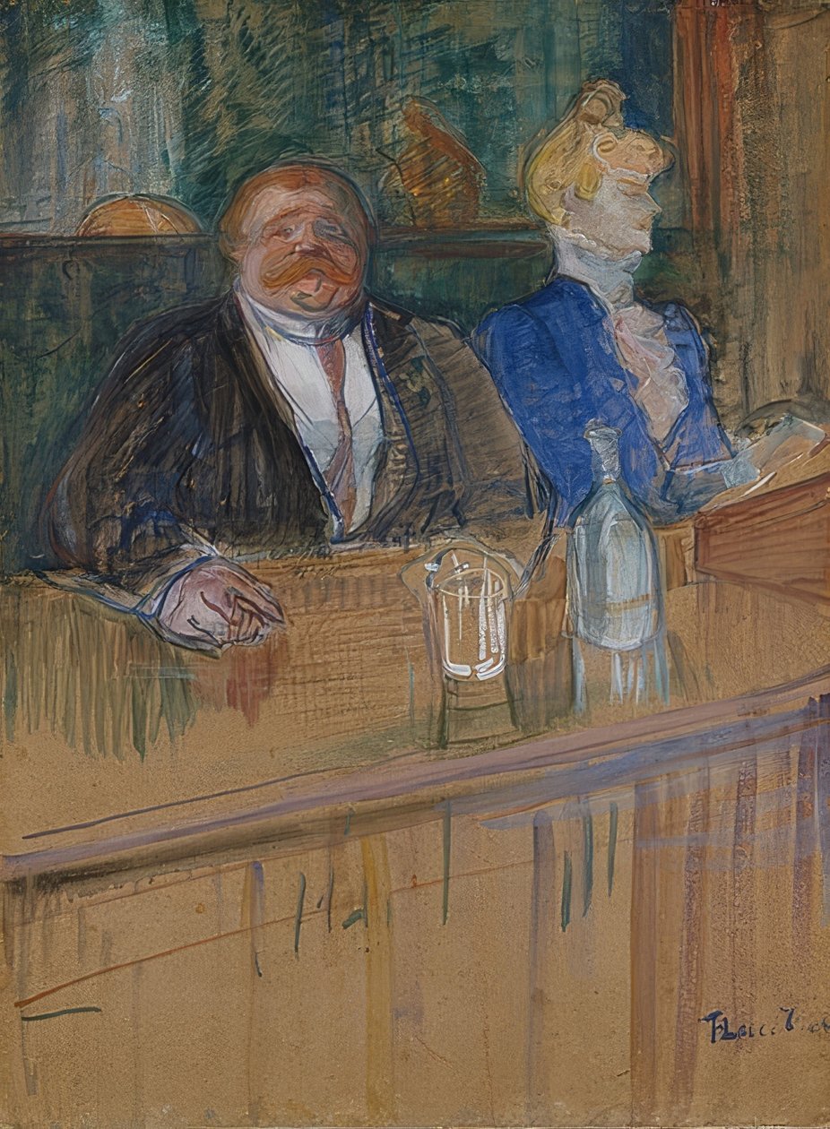 V kavárně. Patron a vybělený pokladník. (Au café: le patron et la caissière chlorotique). 1898 od Henri de Toulouse Lautrec