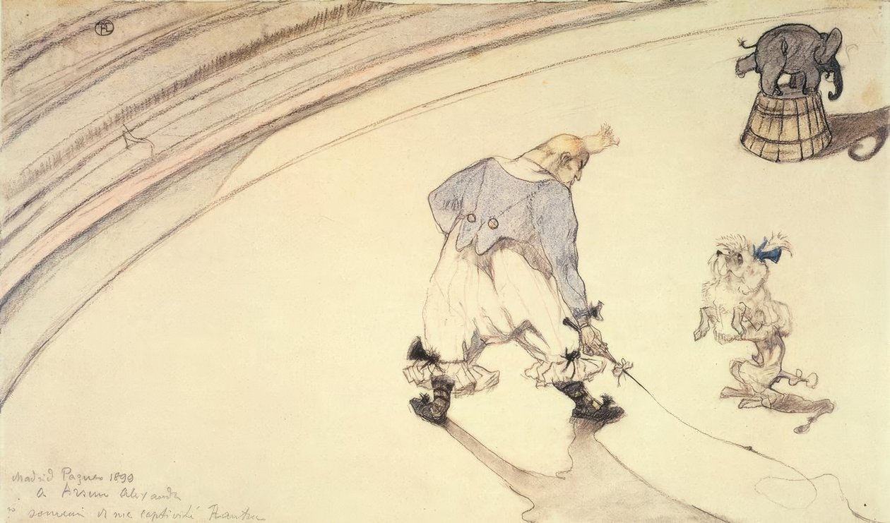 V cirkuse: Klaun Footit s pudlovým psem a slonem od Henri de Toulouse Lautrec
