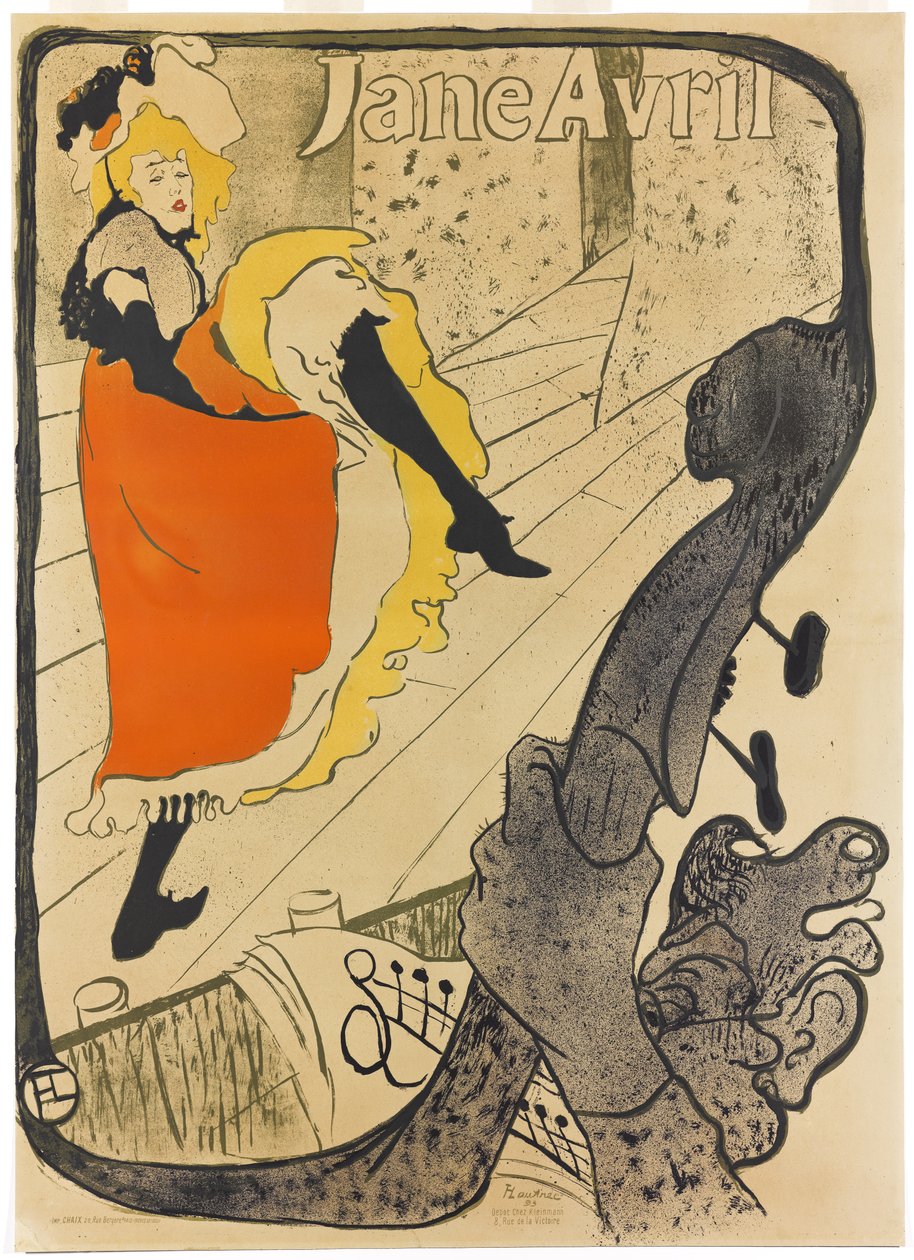 Jane Avril, 1893 (štětcová a rozstřikovaná litografie, tištěná v pěti barvách na papíře) od Henri de Toulouse Lautrec