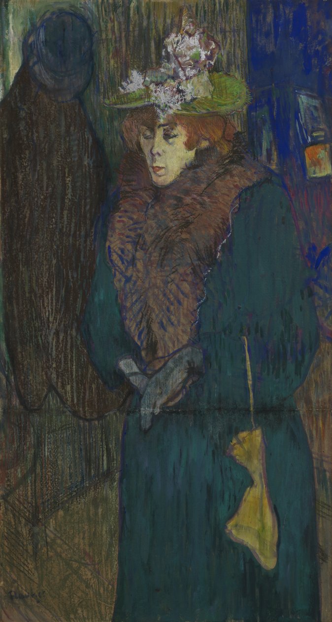 Jane Avril ve vchodu do Moulin Rouge, nasazuje si rukavice, kolem roku 1892 od Henri de Toulouse Lautrec
