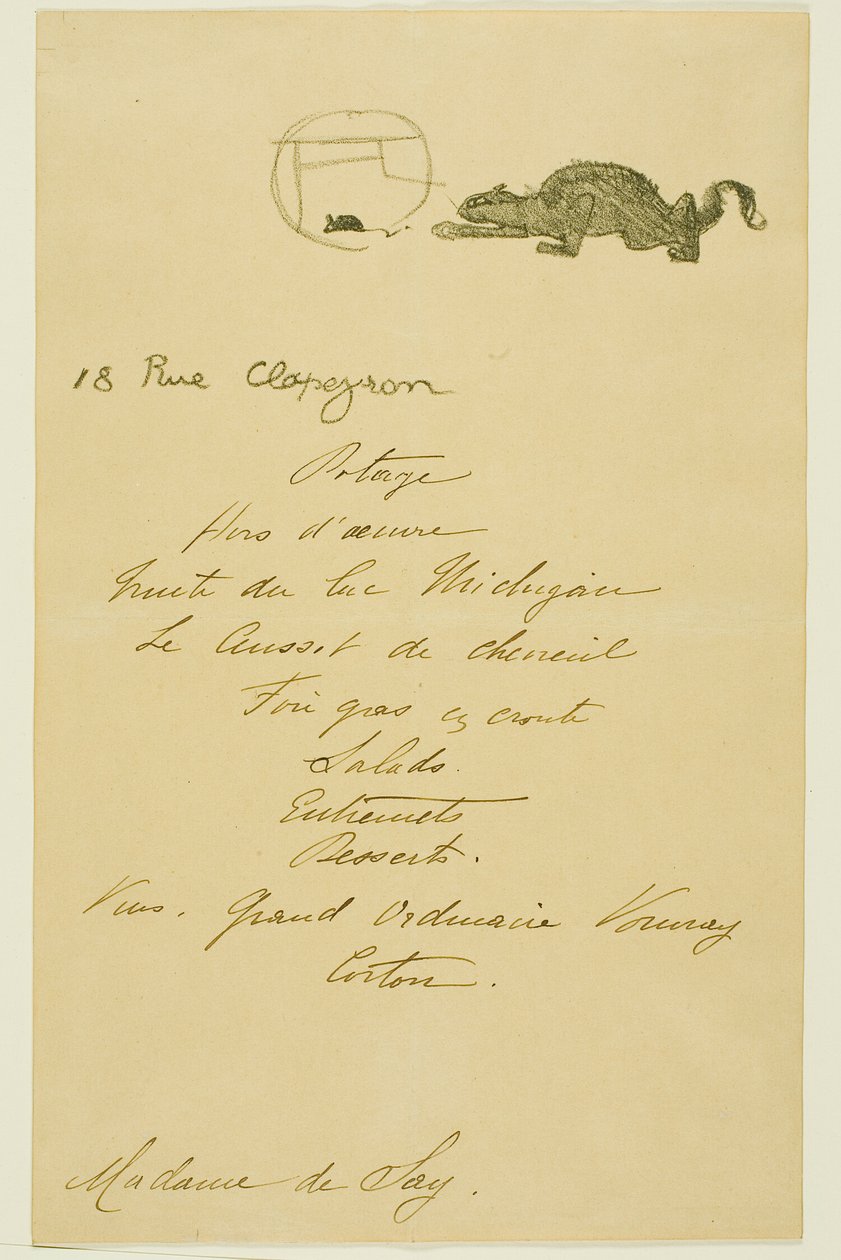 Menu pro večeři pořádanou May Belfortovou od Henri de Toulouse Lautrec