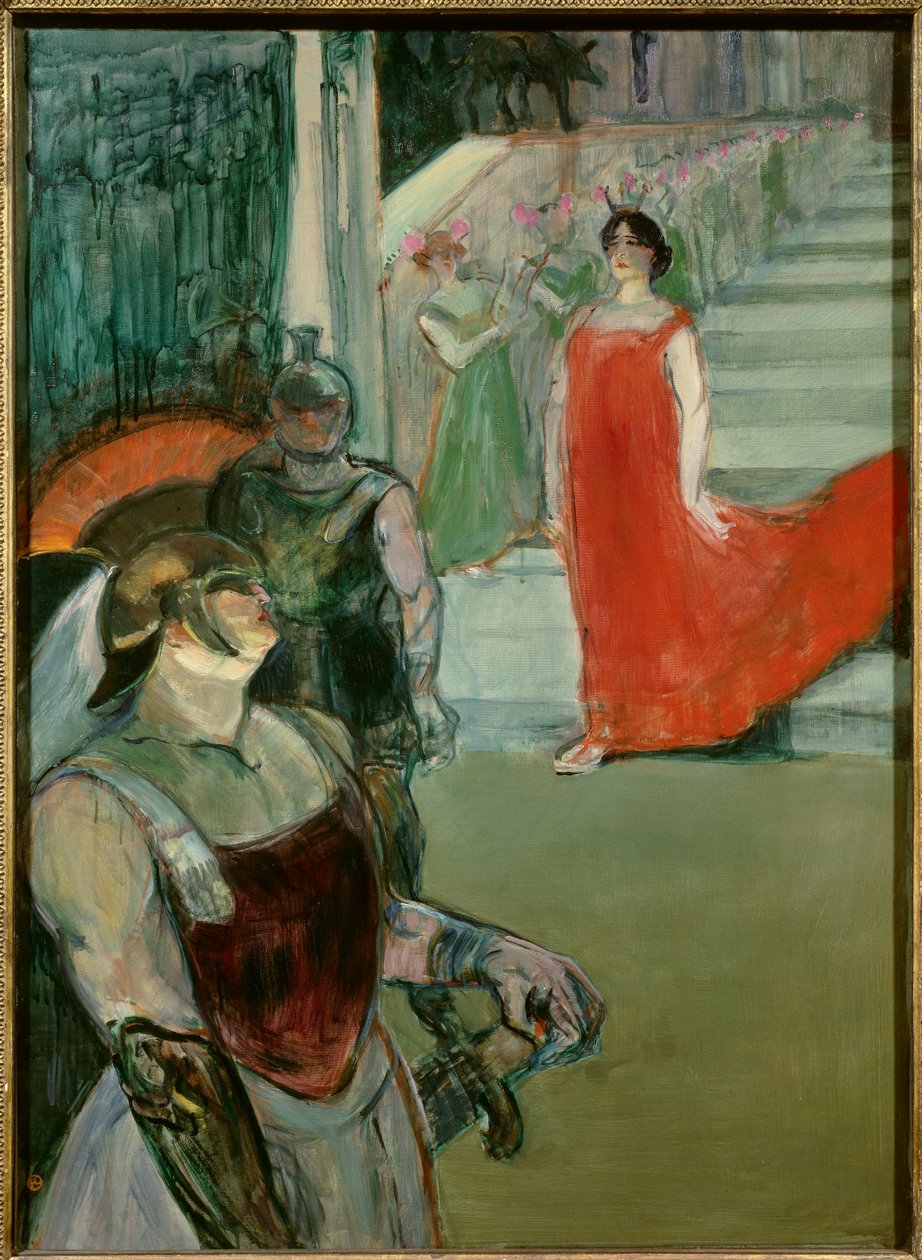 Messaline jde dolů po schodišti lemovaném doplňky Opera „“Messaline““ od Isidora de Lara. Obraz Henriho Toulouse Lautreca (1864-1901) 20. století Sun. 0,99x0,72 m Los Angeles. Okresní muzeum umění - Messalina sestupující po schodišti s doplňky od Henri de Toulouse Lautrec