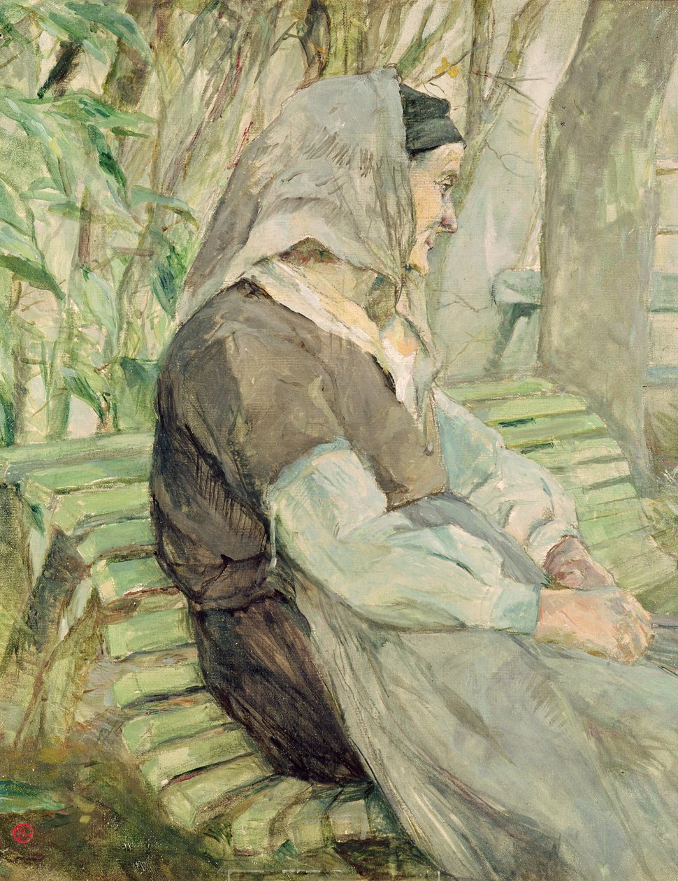 Stará žena sedící na lavičce v Celeyranu od Henri de Toulouse Lautrec