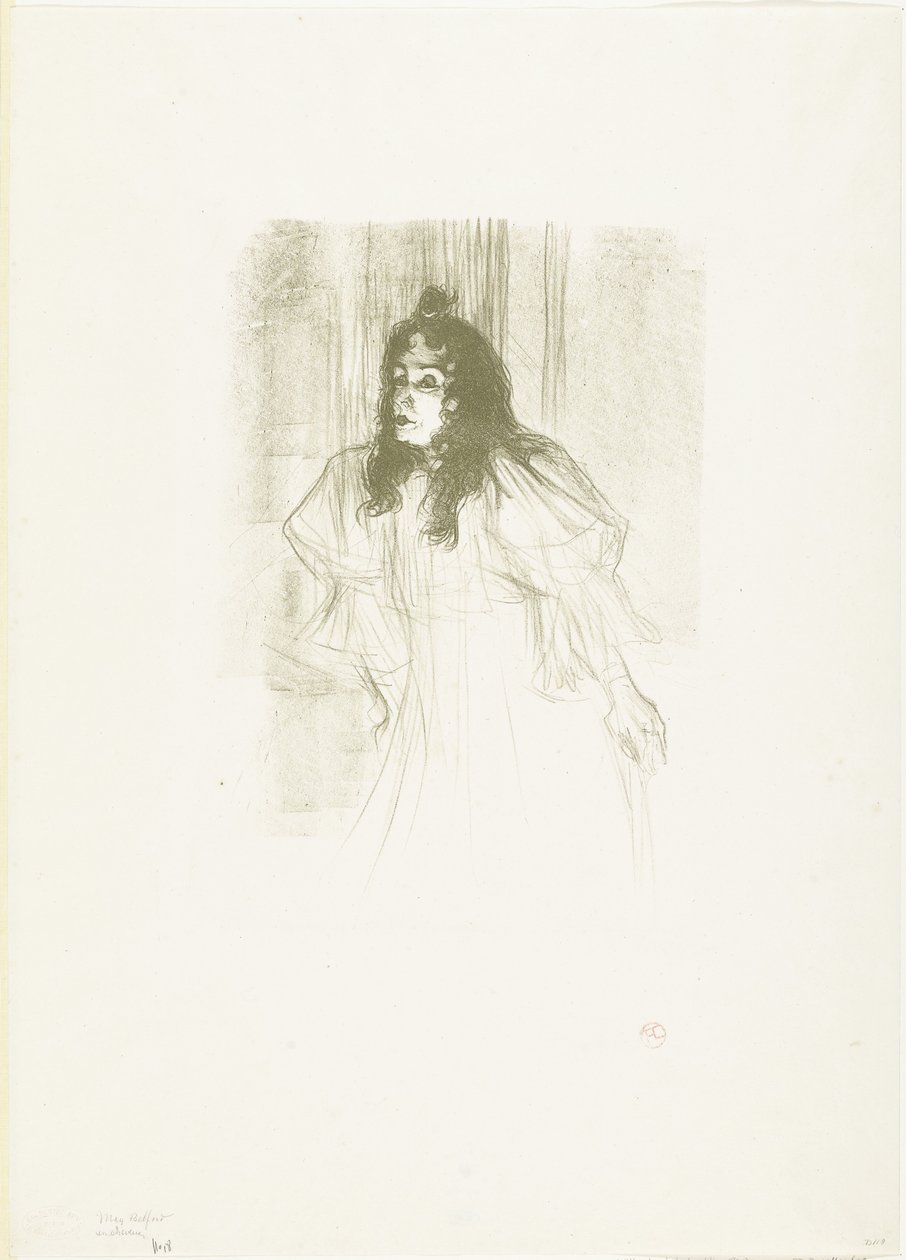 Portrét zpěvačky May Belfortové s volně visícími vlasy od Henri de Toulouse Lautrec