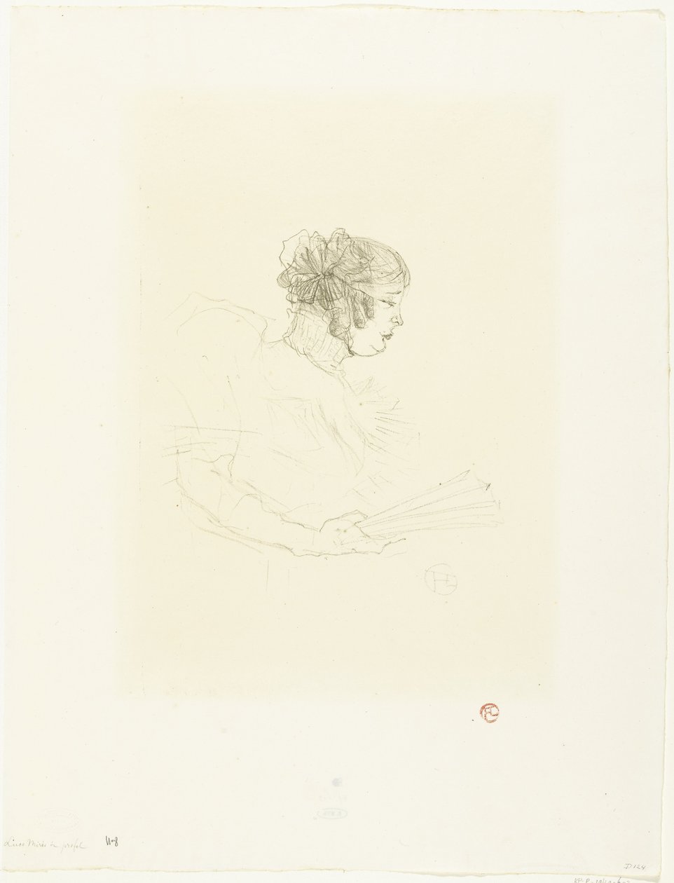 Portrét herečky Luce Myrès s ventilátorem Luce Myres v profilu od Henri de Toulouse Lautrec