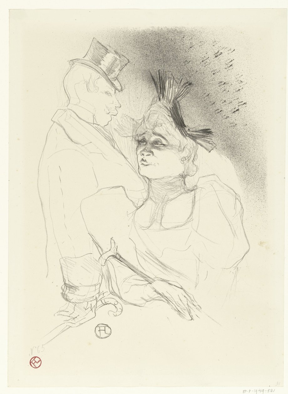 Portrét zpěvačky Marcelle Lenderové a komika Louise Boucheneze z Barona během představení Mademoiselle Lender a baron od Henri de Toulouse Lautrec