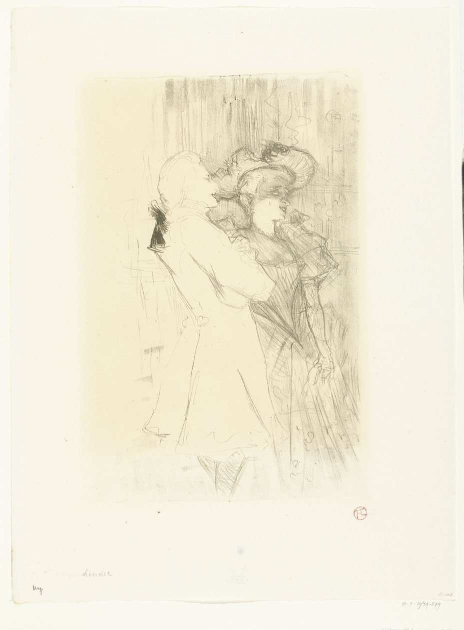 Portrét zpěvačky Marcelle Lender a zpěvačky Numa Auguez v operetě La Chanson de Fortunio Lender a Aguez od Henri de Toulouse Lautrec