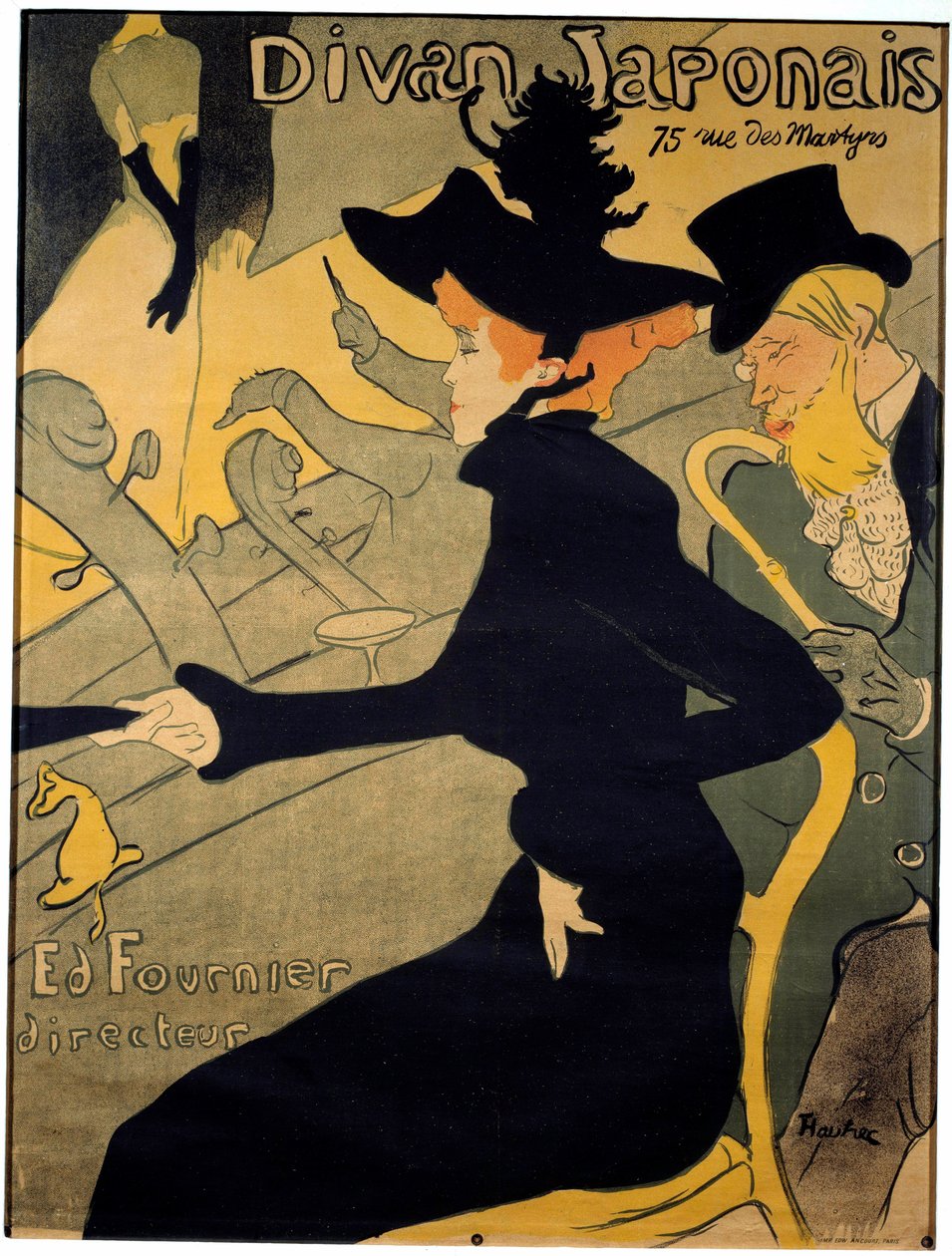 Plakát pro pařížský kabaret „“Japonský gauč”” zobrazující tanečnici Jane Avril (1868-1943) a tanečnici. spisovatel Edouard Dujardin (1861-1949) sleduje zpěvačku Yvette Guilbertovou (1867-1944) vystupující na pódiu - Litografie Henri de Toulouse-Lautr od Henri de Toulouse Lautrec