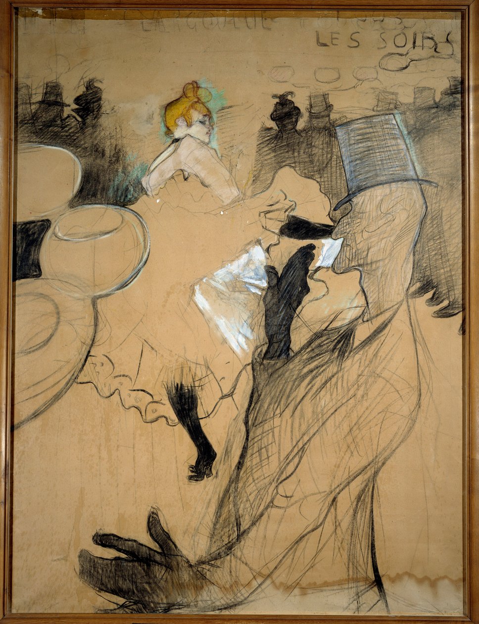 Červený mlýn, Goulue a Valentin le Desosse. Skica, uhel s barevnými melíry. Kresba Henri De Toulouse Lautreca (1864-1901) od Henri de Toulouse Lautrec
