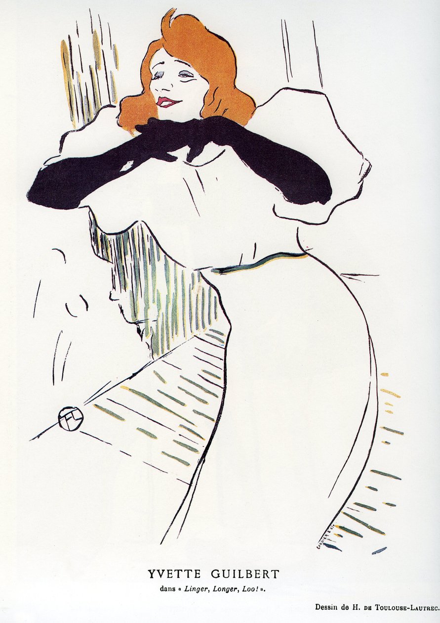 Zpěvačka Yvette Guilbert (1867-1944) ve filmu „“ Linger, Longer, Loo “: kresba Henri de Toulouse Lautreca (Toulouse-Lautrec od Henri de Toulouse Lautrec