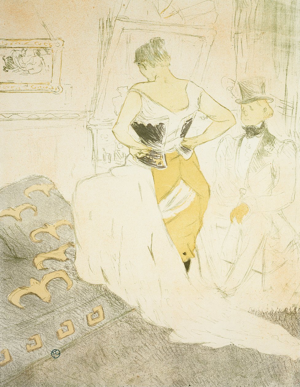 Žena si zapíná korzet, předává Conquest, deska devět od Elles od Henri de Toulouse Lautrec