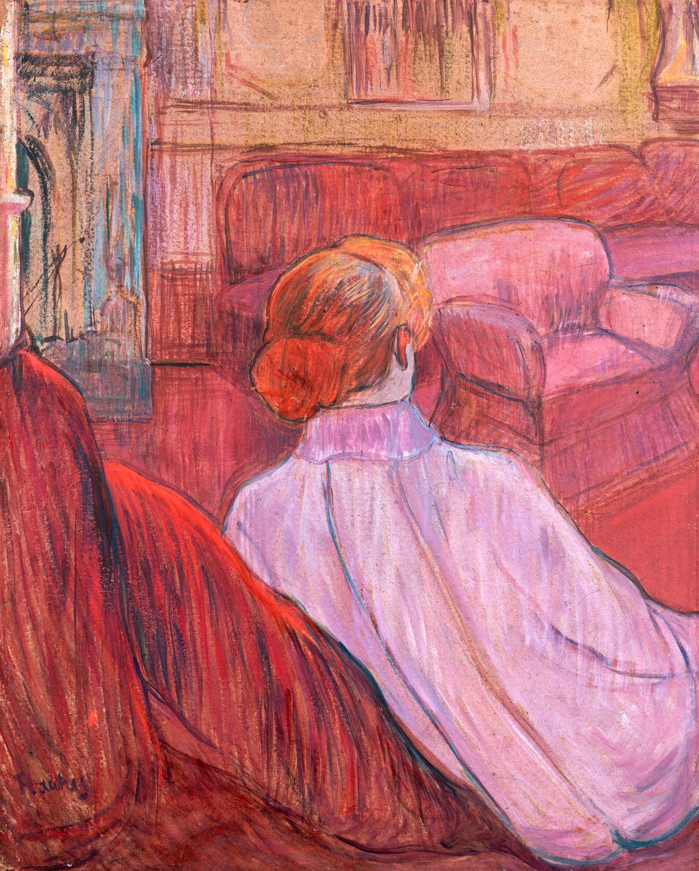 Žena sedící na červené pohovce od Henri de Toulouse Lautrec