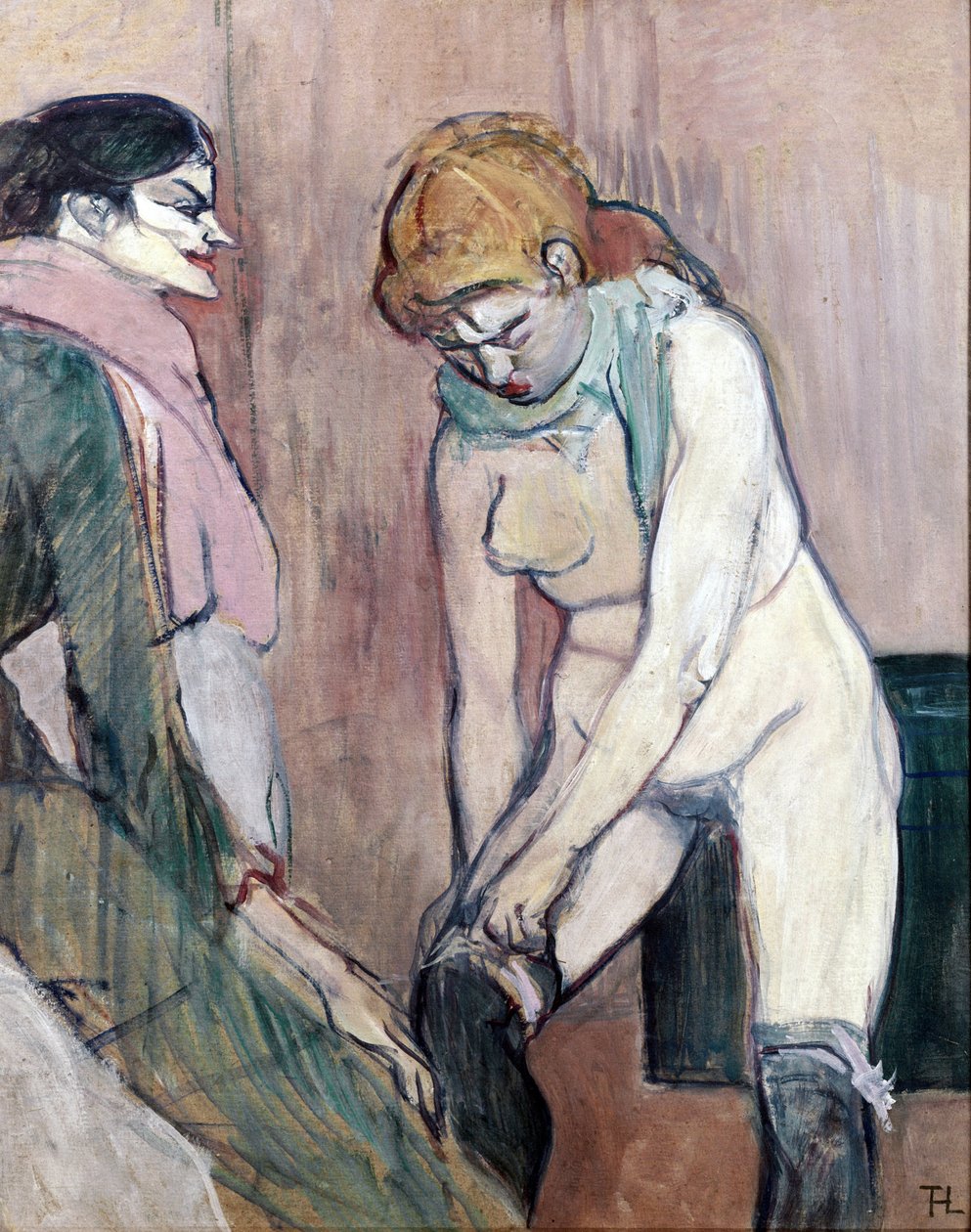 Žena, která si tahá punčochy nebo Žena z domu (malba na kartonu od Henri de Toulouse Lautrec