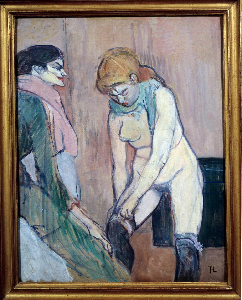 Žena táhnoucí si punčochy aneb ""Žena domu"" Malba na kartonu od Henri de Toulouse Lautreca (1864-1901) 1894 Ne. 0,58x0,46 m. Paříž, Musee d
