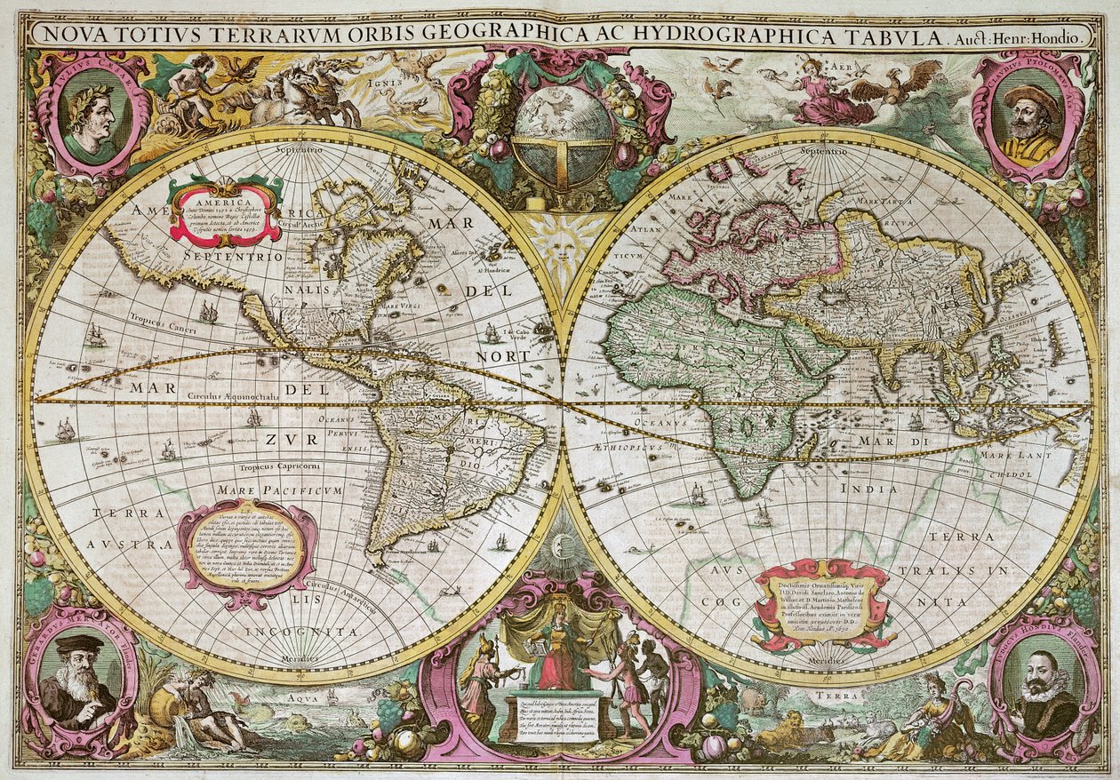 Nová mapa země a vody celé Země, 1630 od Henricus Hondius II
