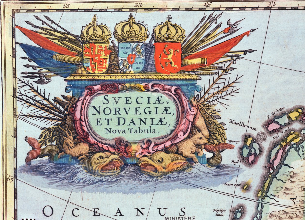 Kartuše z mapy Švédska, Norska a Dánska, 1631 (barevná rytina) od Henricus Hondius II
