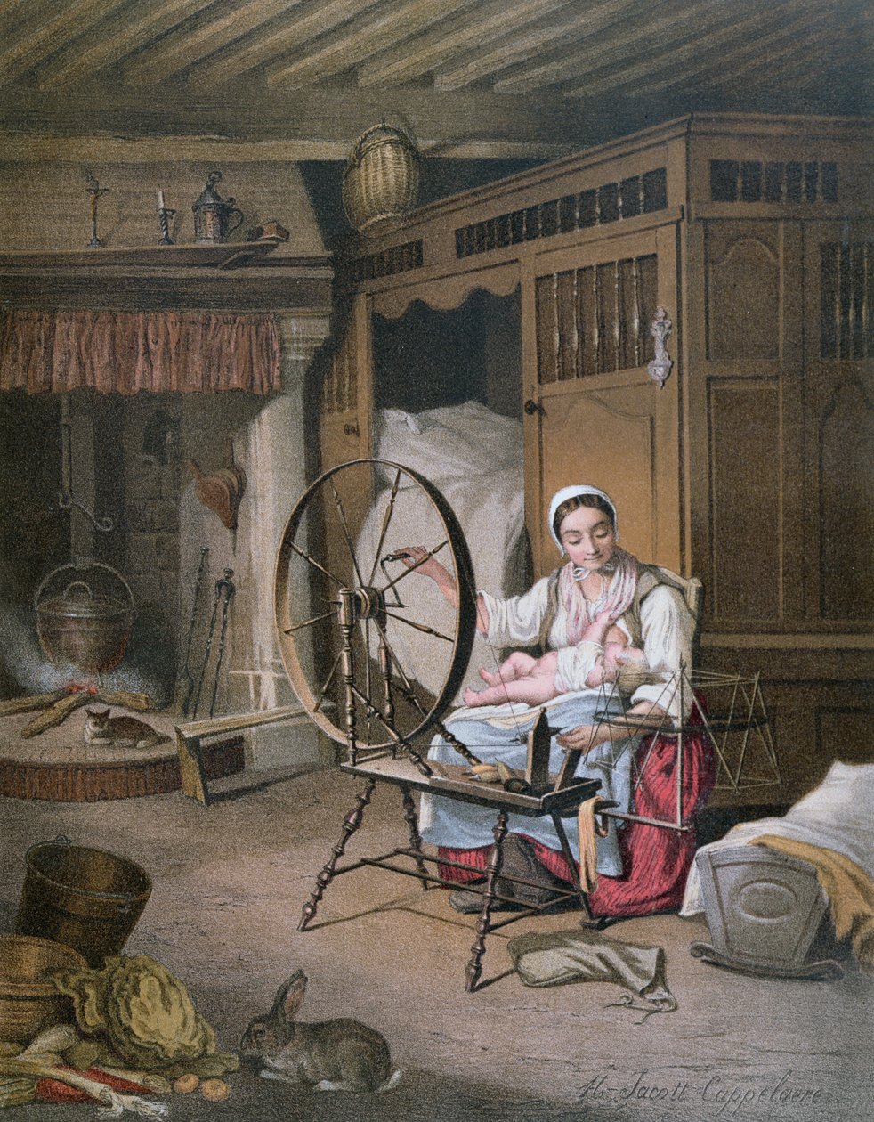 Interiér bretaňského domu, konec 19. století (barevná rytina) od Henriette Jacott Cappellaere