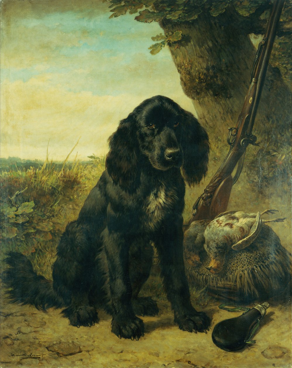 Plochý retrívr u stromu (olej na plátně) od Henriëtte Ronner Knip