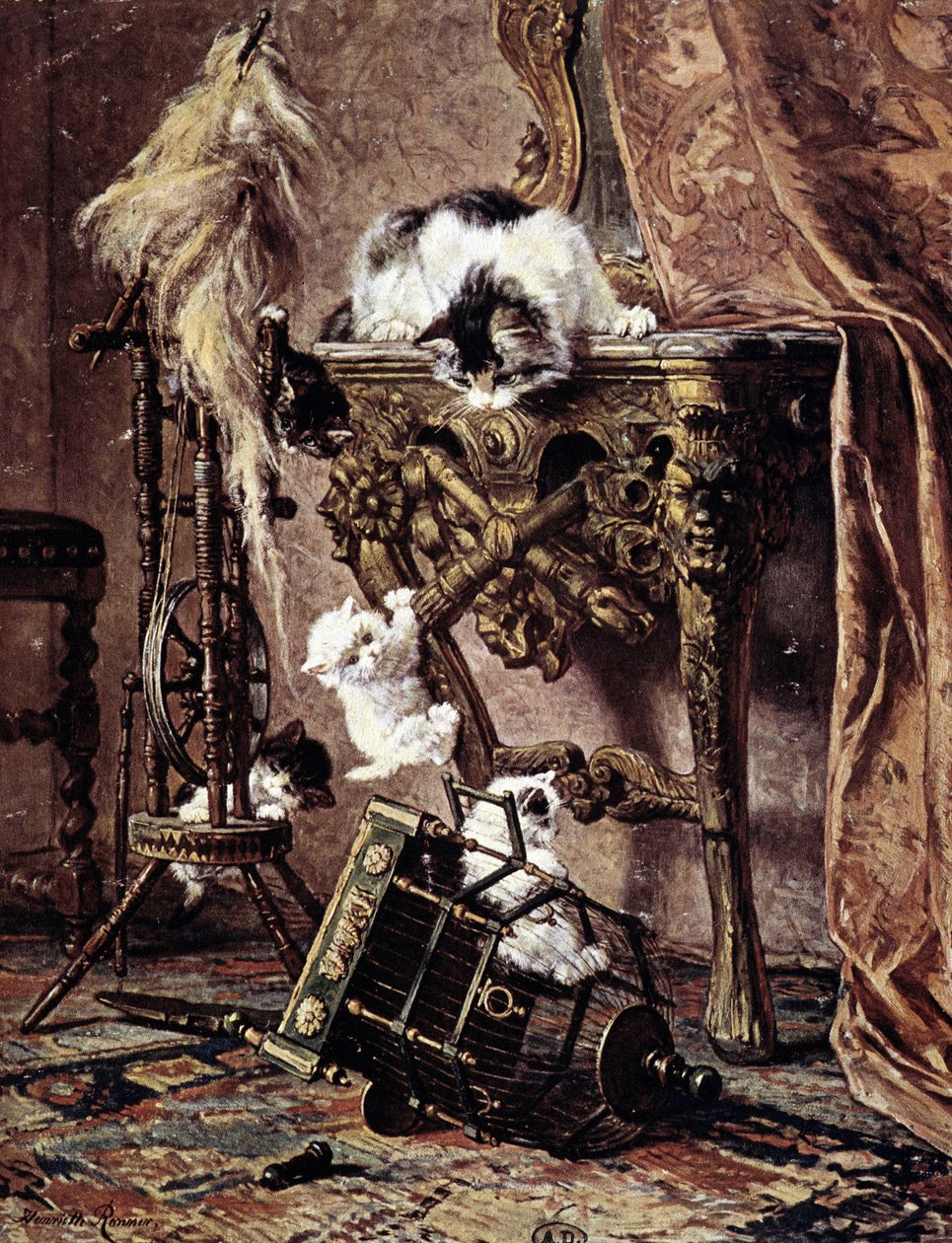 Kočka sleduje, jak si koťata hrají - od Henriette Ronner od Henriëtte Ronner Knip