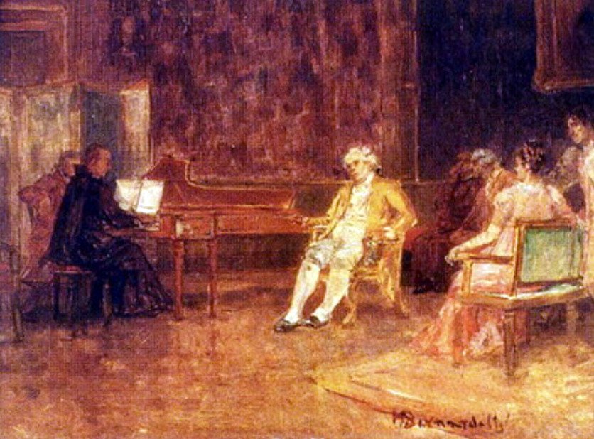 Dom Joao poslouchá otce Jose Mauricio na cembalo John VI poslouchá otce Jose Mauricio hrající na cembalo od Henrique Bernardelli