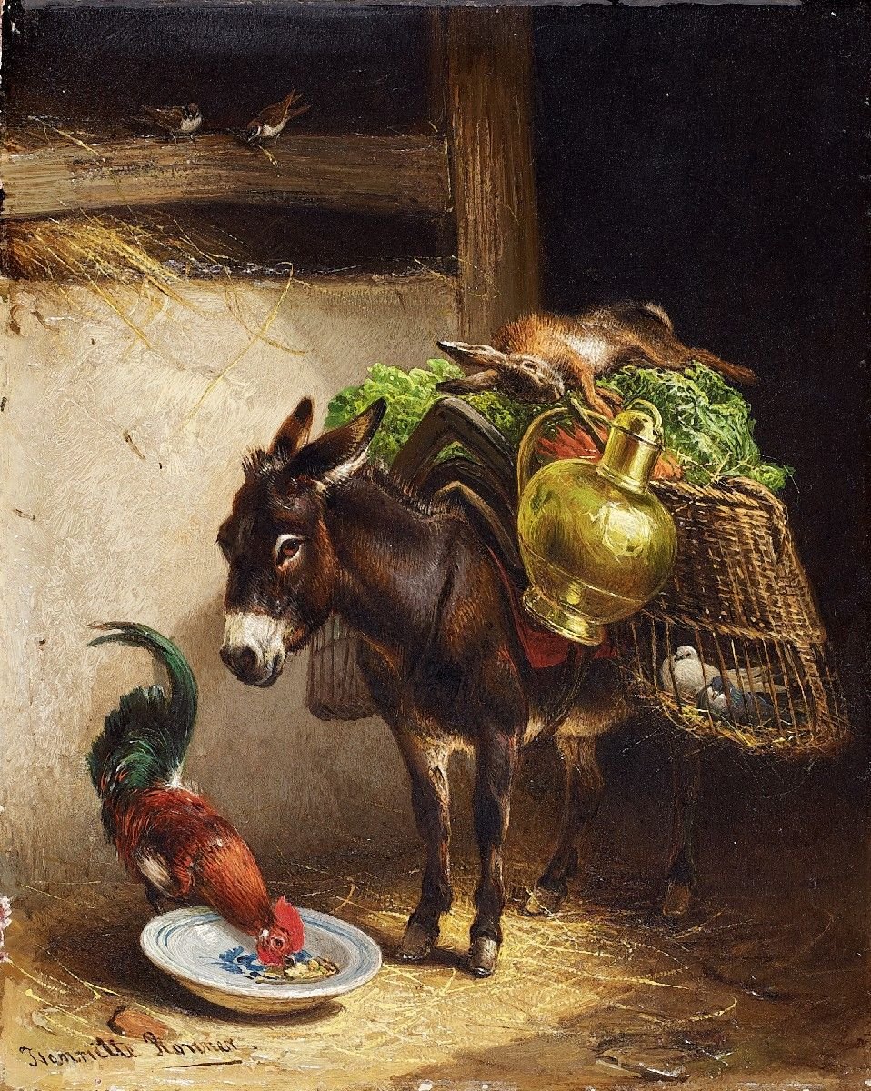Osel a kohout ve stáji. od Henriëtte Ronner Knip