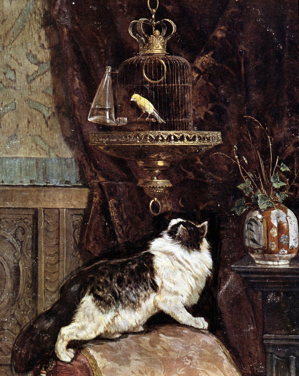 Kočka špehující ptáka v kleci - Henriette Ronner od Henriëtte Ronner Knip