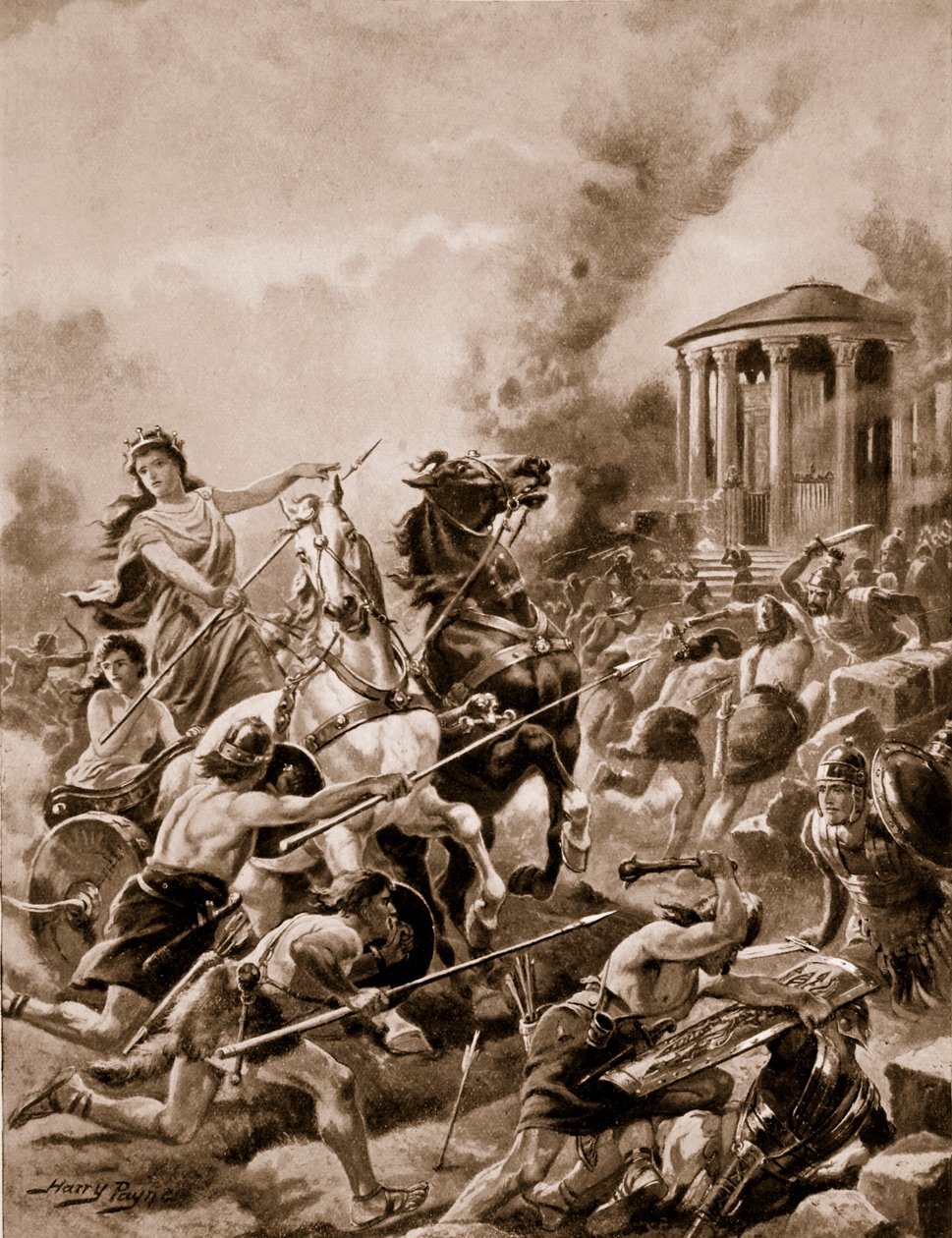 Útok Boadicei na Camulodunum, 60 n. l., ilustrace z „Dějiny národa“ od Henry A. Payne