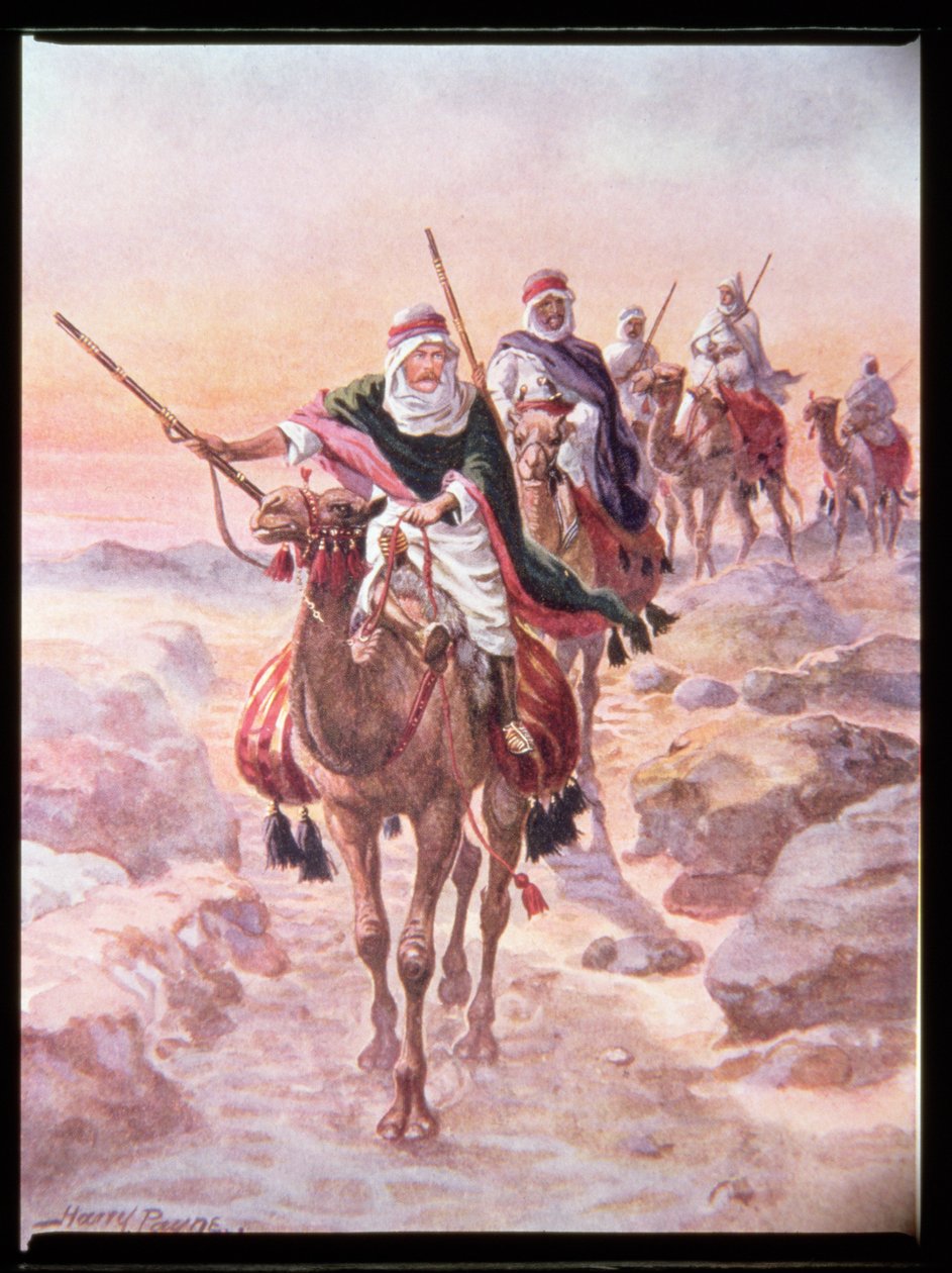 "Lord Kitchener, převlečený za Araba, jede přes poušť do Dongoly", ilustrace z knihy "Brave Deeds by Brave Men" od C. Sheridana Jonese, vyd. 1922 od Henry A. Payne