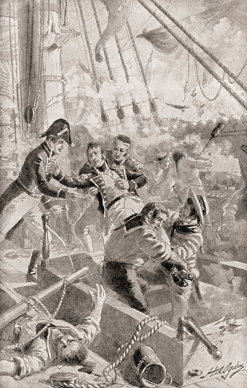 Kapitán James Lawrence pronáší svá poslední slova nebo rozkaz smrti, Nevzdávejte se lodi!, z Historie naší země, vydané v roce 1905 od Henry Alexander Ogden