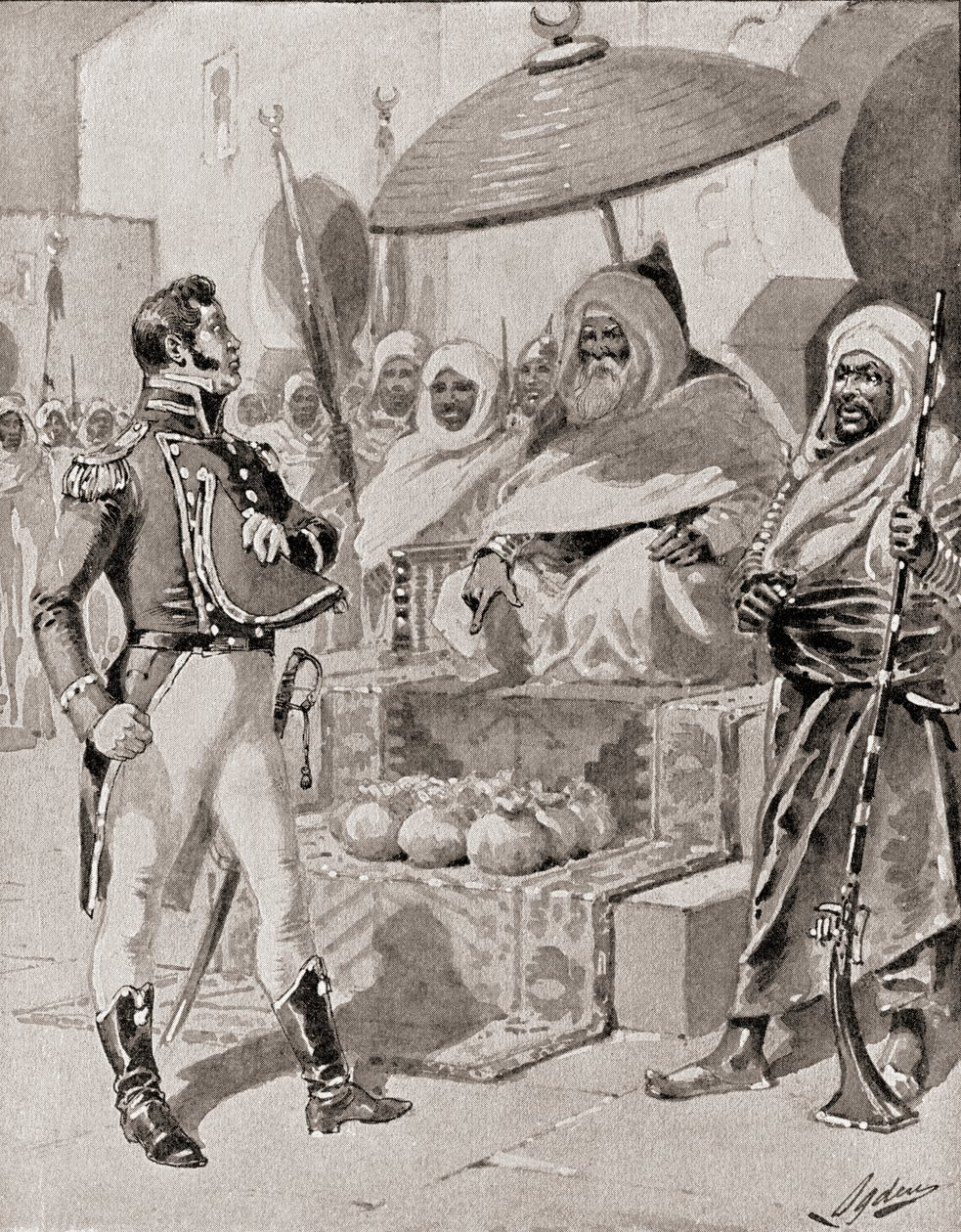 Kapitán William Bainbridge vzdává hold Dey z Alžíru, aby zajistil výjimku ze zajetí pro americké obchodní lodě ve Středozemním moři v roce 1800, z Historie naší země, publikovaná 19. od Henry Alexander Ogden