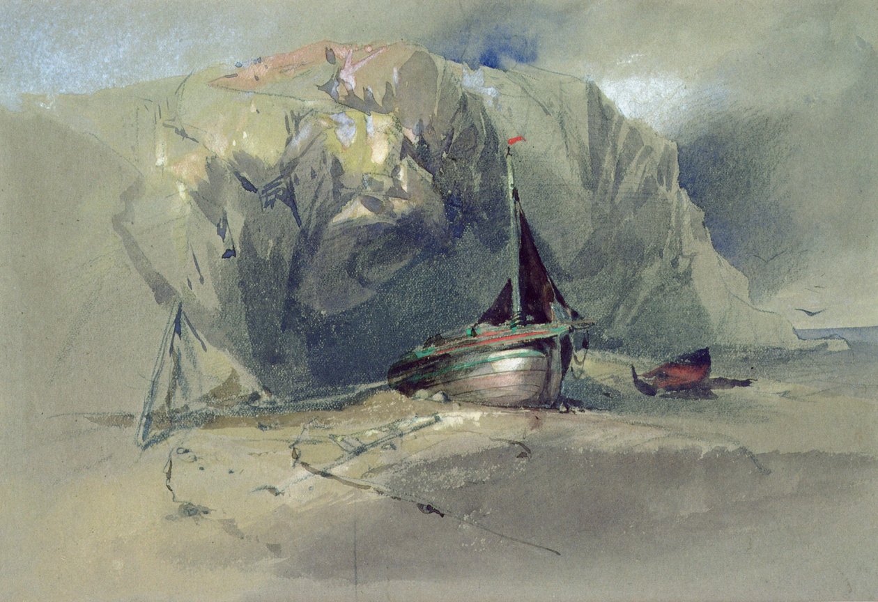 Fishing Smack a malý člun nakreslený na pobřeží pod skalnatým útesem, 19. od Henry Bright