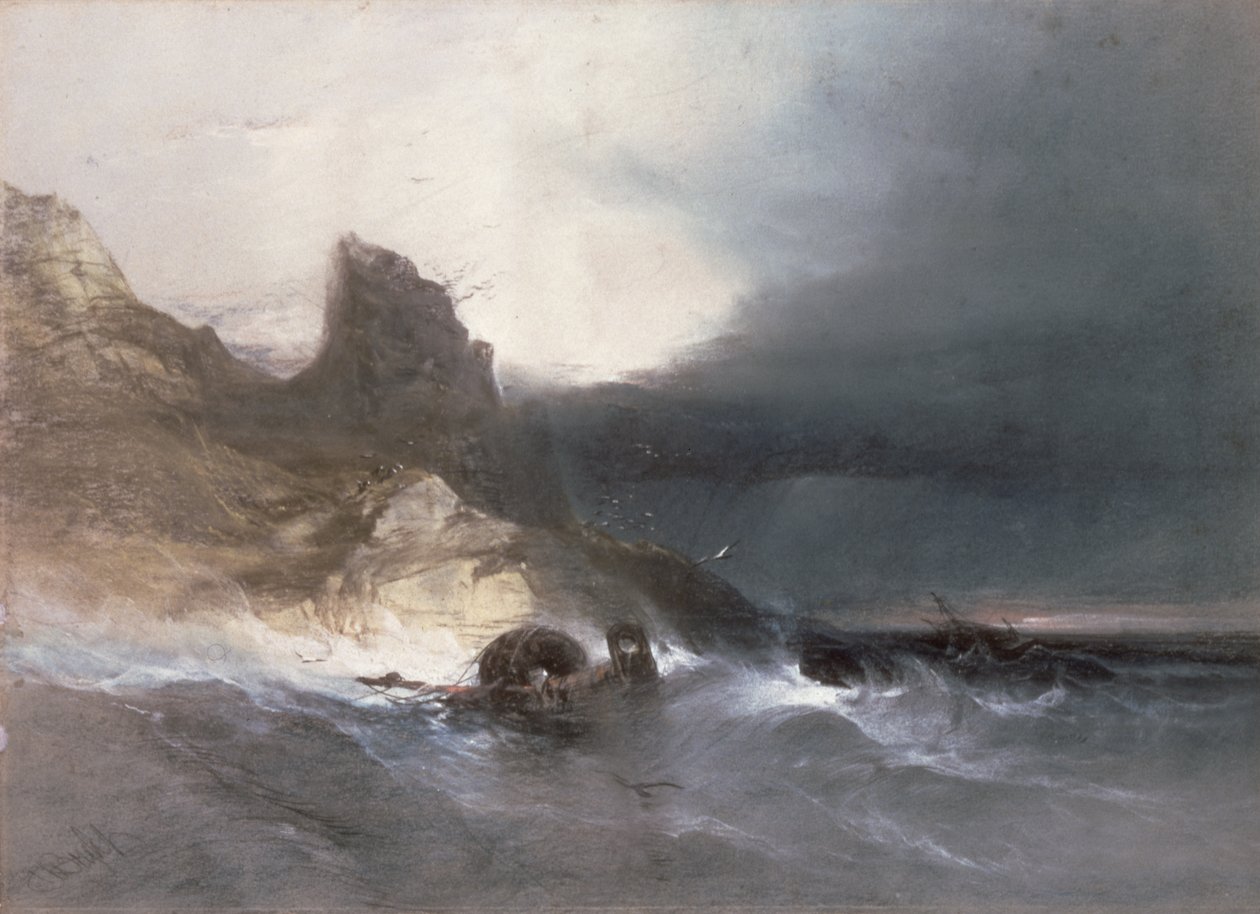 Skalnaté pobřeží s vraky (křída na papíře) od Henry Bright